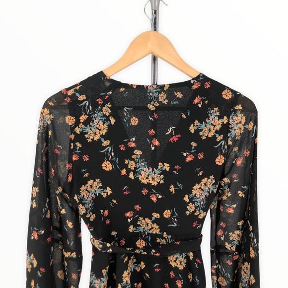 Free People Lilou Black Floral Print Mini Dress Belted Long Bell Sleeves - Picture 7 of 11